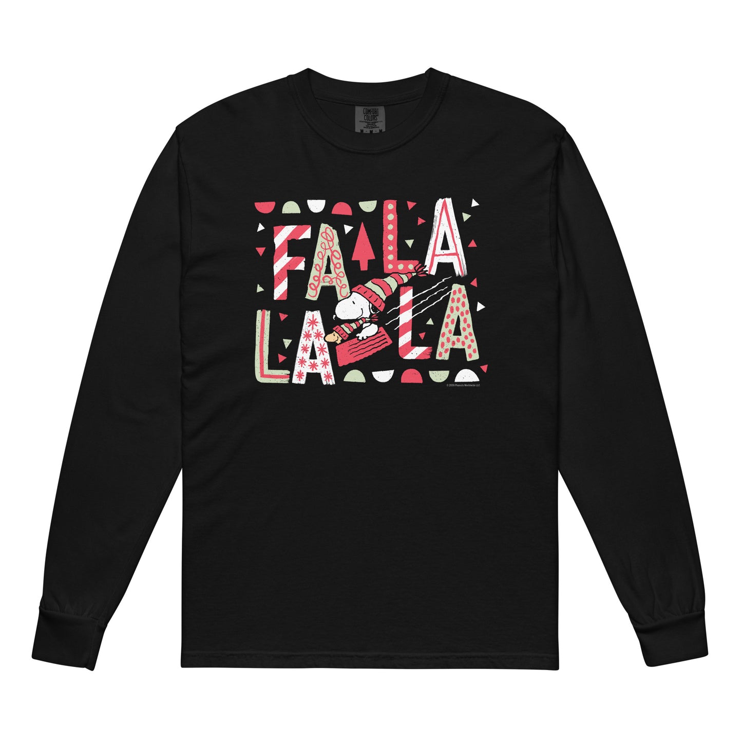 Black long sleeve t-shirt featuring a festive Fa La La La Peanuts graphic centered on the front