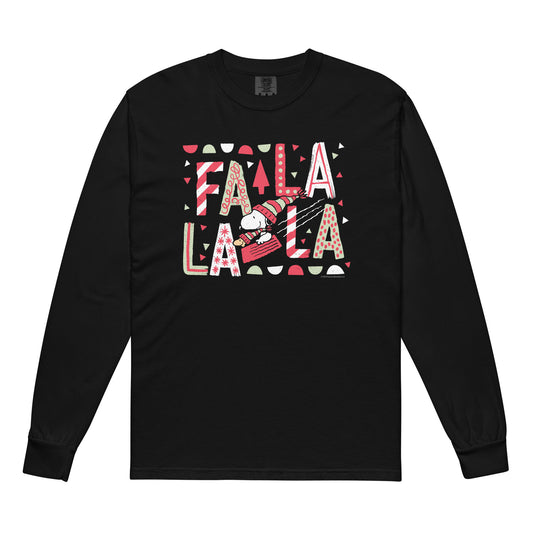Black long sleeve t-shirt featuring a festive Fa La La La Peanuts graphic centered on the front-0