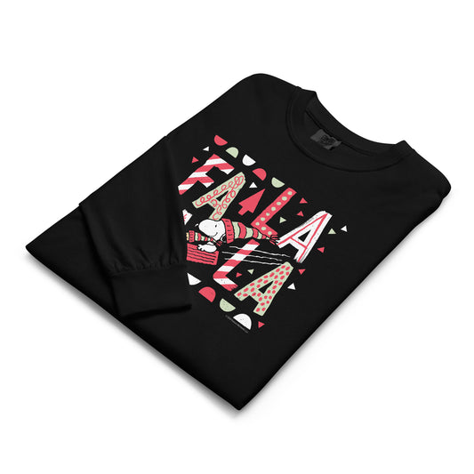 Black long sleeve t-shirt featuring a festive Fa La La La Peanuts graphic centered on the front-3