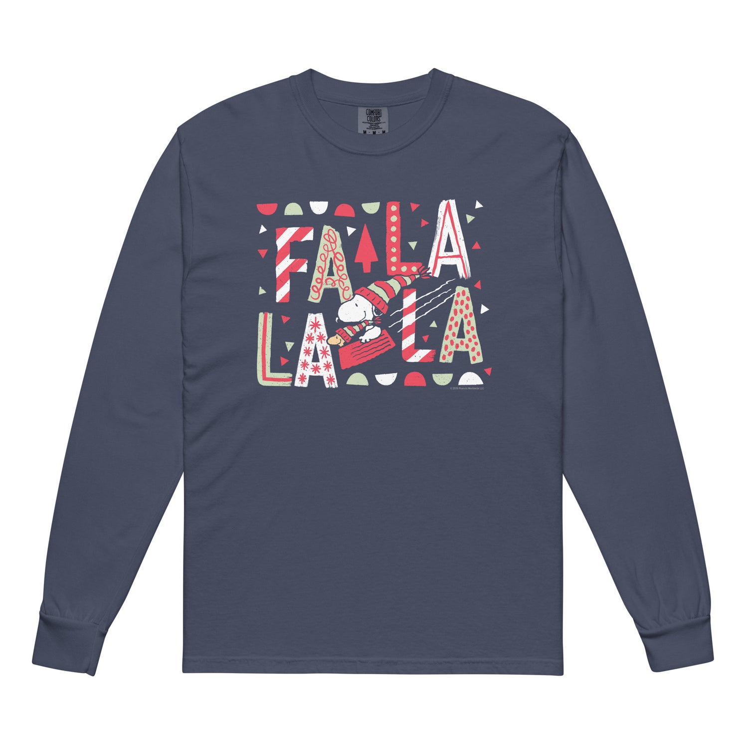 Folded stack of black and navy Peanuts long sleeve shirts showing the garment-dyed finish