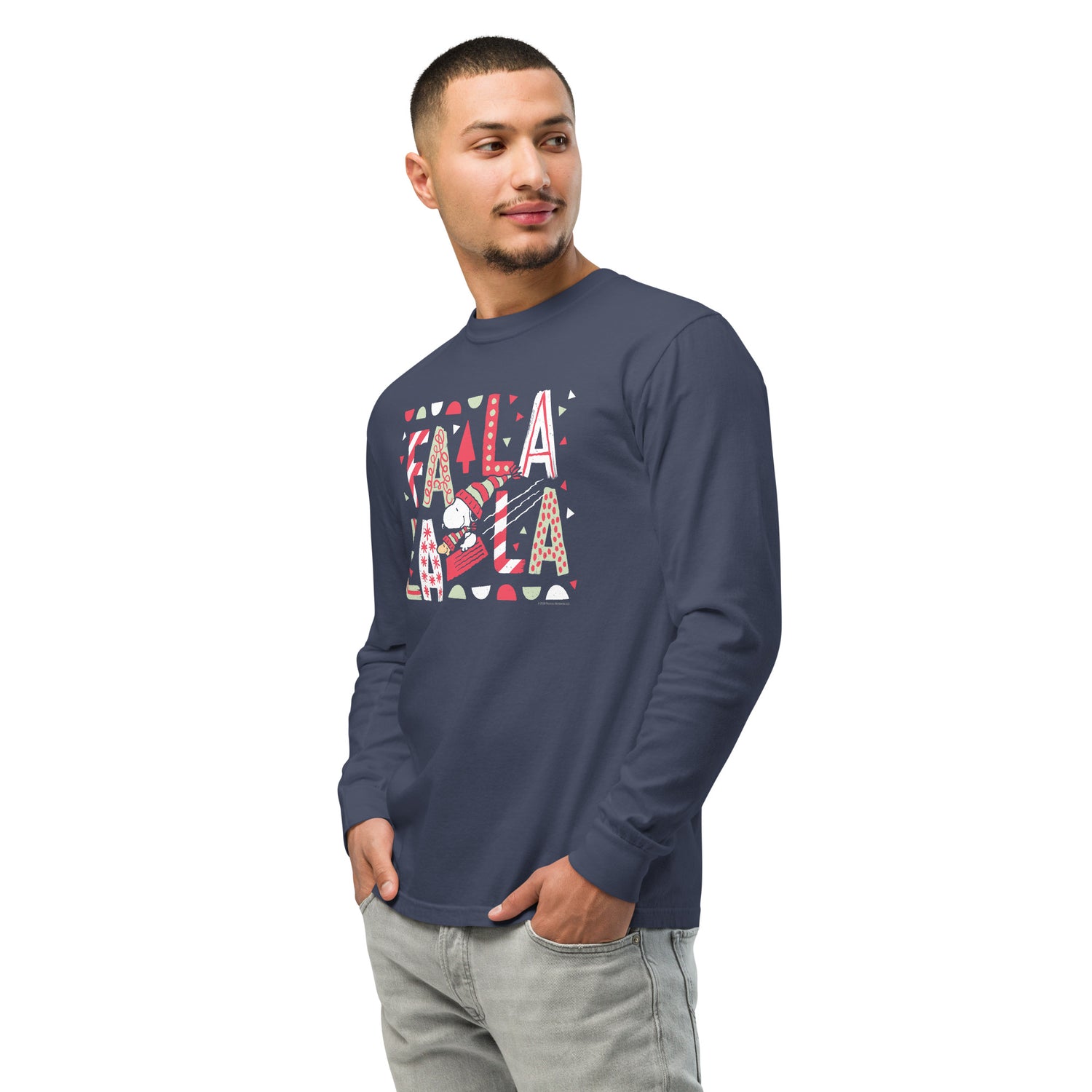 Navy blue long sleeve t-shirt featuring the festive Peanuts graphic on the front chest