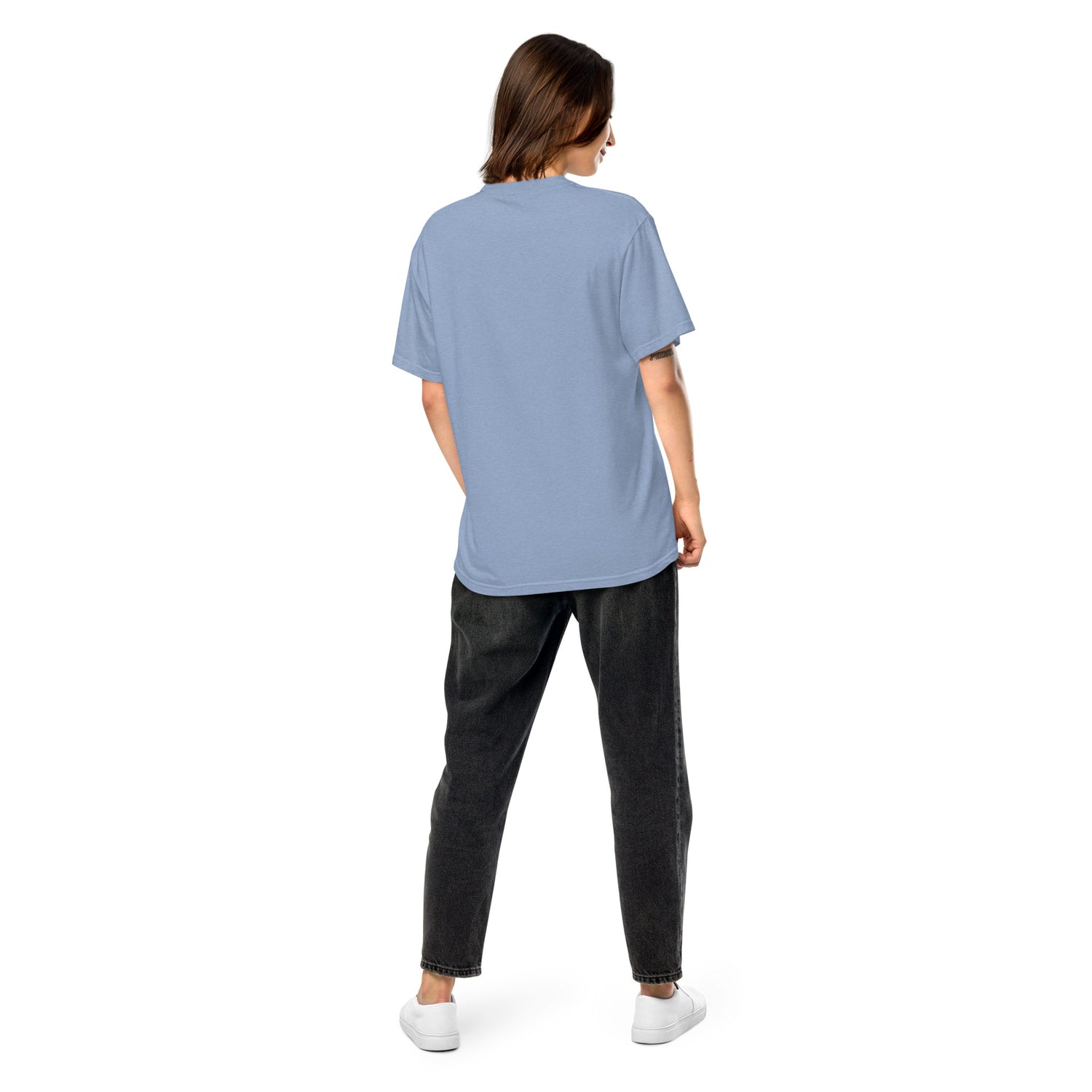 Side profile of the heavyweight Peanuts t-shirt showing armhole stitching