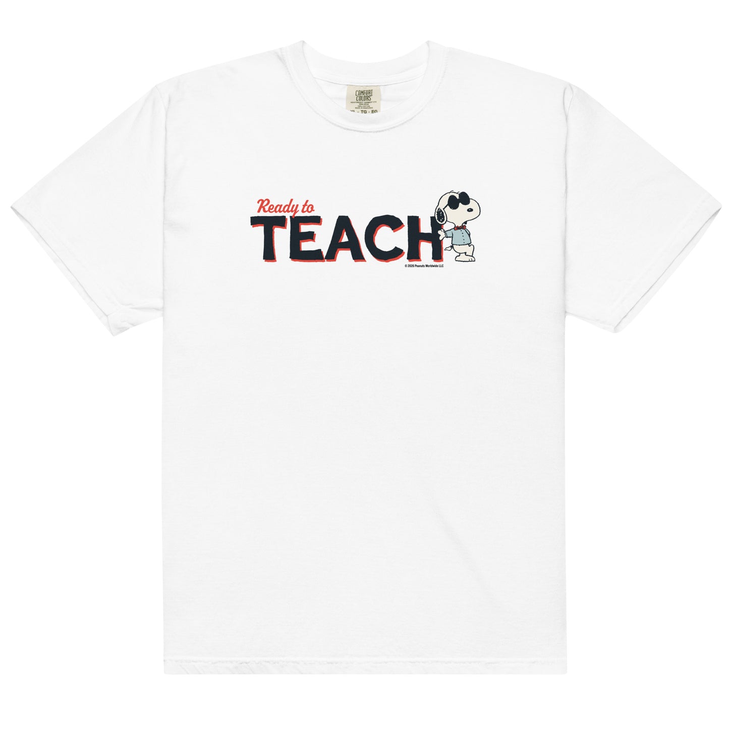 The Peanuts Ready to Teach shirt in white laid flat for design clarity