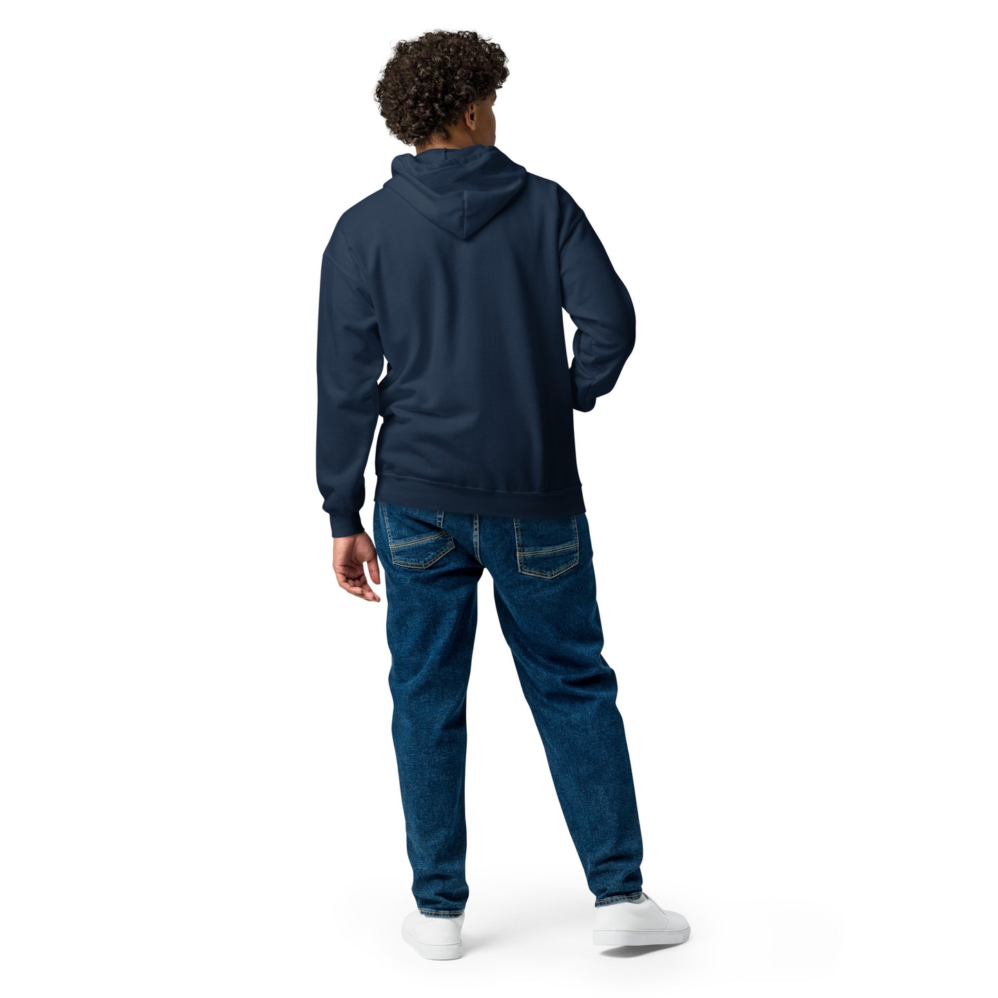 Front view of the hoodie showing the metal zipper and lower pouch pockets