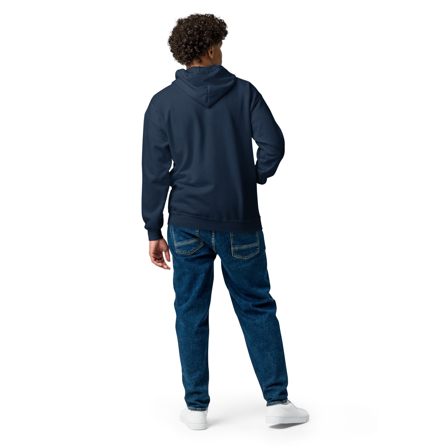 Front view of the hoodie showing the metal zipper and lower pouch pockets