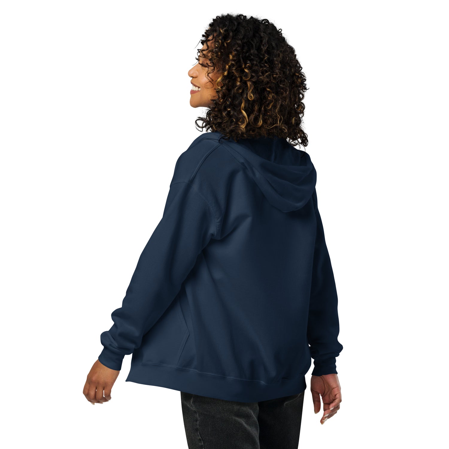 Side view of the hoodie showing the regular fit and sleeve length