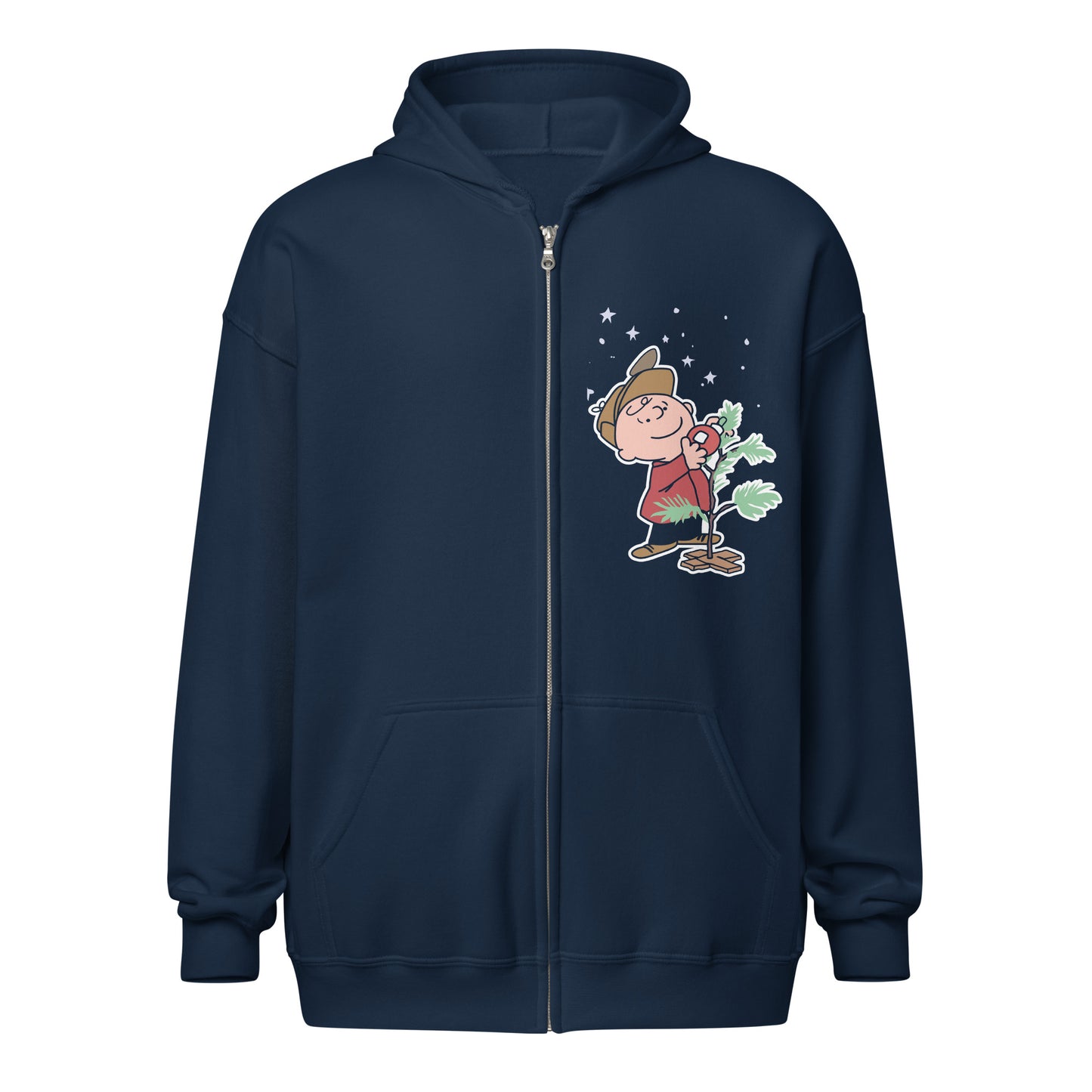 Charcoal grey zip hoodie featuring Charlie Brown standing beside his small Christmas tree on the front chest