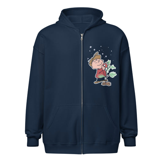 Charcoal grey zip hoodie featuring Charlie Brown standing beside his small Christmas tree on the front chest-0