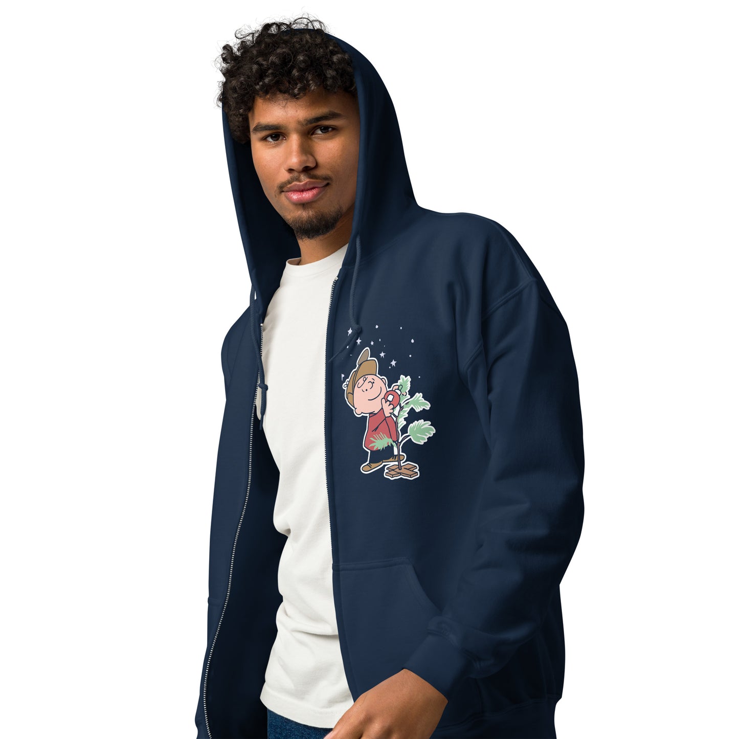 Close-up view of the Charlie Brown and Christmas tree graphic printed on the hoodie chest
