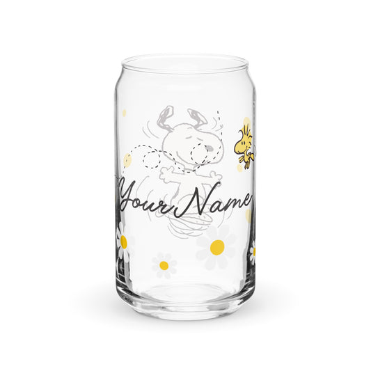 Snoopy and Woodstock with Flowers Personalized Can Shaped Glass-3